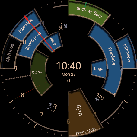 A packed day at 10:40: overlapping interviews, a board prep and a roadmap session stacked in rings